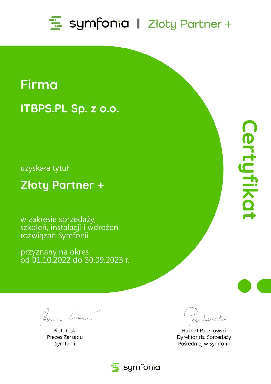 Tytuł Złotego Partnera+ od firmy SYMFONIA