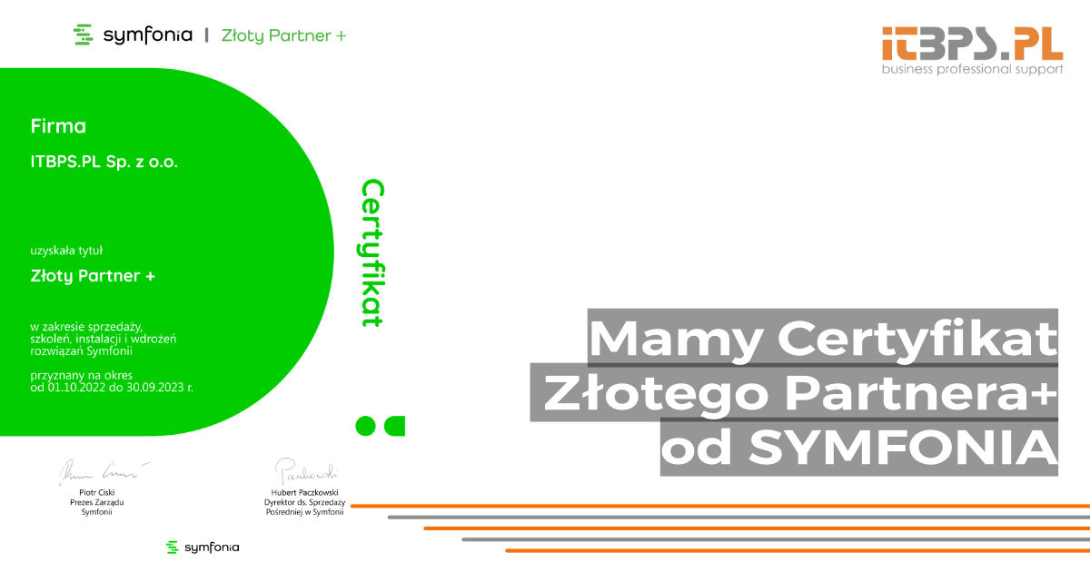 tytuł Złotego Partnera+ od firmy SYMFONIA